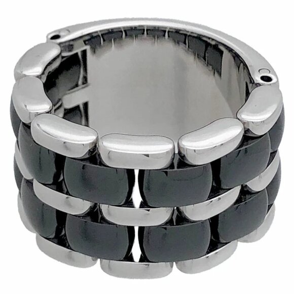 CHANEL Ultra Black Ceramic Wide Ring size US7 18k White Gold 750 Auth - Picture 2 of 8